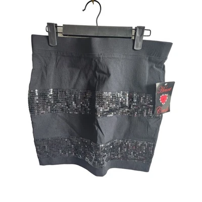 Vintage Y2K Heart Crush Womens Sz L Mini Skirt Black Sequin NEW - Image 1 of 4
