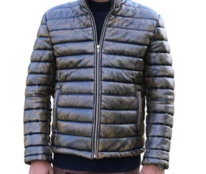 Herren echt Lammleder abgenutzt schwarz Leder gefütterte Daunen wattierte Steppjacke - Bild 1 von 7