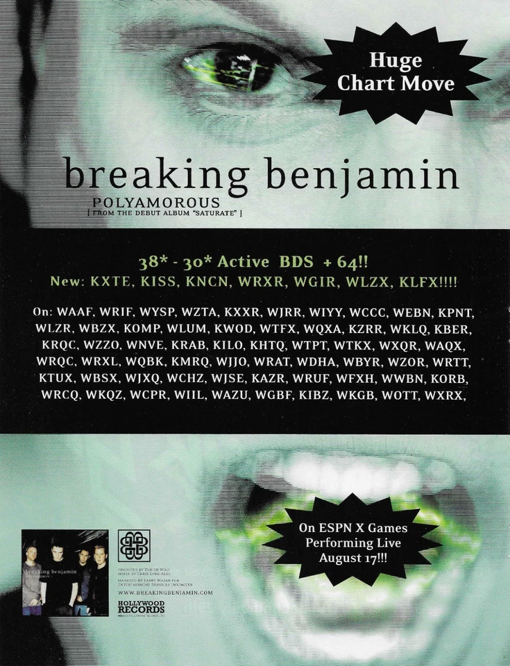 Póster BREAKING BENJAMIN Raro Poliamoroso PROMO COMERCIO ANUNCIO para Saturate CD 8,5x11 Foto 1 de 1