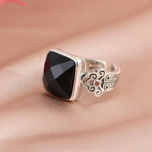 I05 Anneau Carré Noir Agate à Facettes Argent 925 Amovible - Imagen 1 de 8