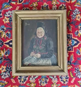 Antique Painting Oil German After Nitsch - Original Frame Knitting Lady - Picture 1 of 4