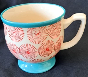 Pioneer Woman Coffee Mug "Flea Market Happiness" Pot Belly Red White & Teal Cup - Picture 1 of 6