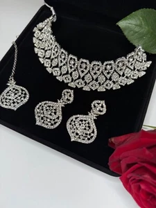 pakistani Indian jewelry silver finish necklace bollywood wedding desi jewelry - Picture 1 of 10