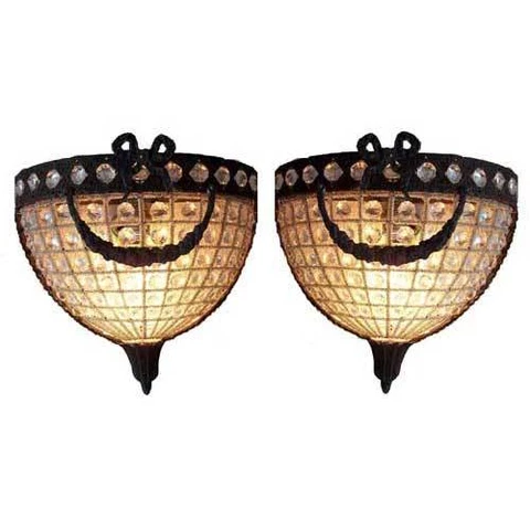 Pair Antique Replica Crystal Basket Bronze French Empire Dumi Lune Wall Sconces Cover