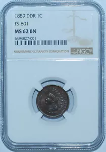 1889 NGC MS62BN Brown FS-801 DDR Double Doubled Die Reverse Indian Cent - Picture 1 of 6
