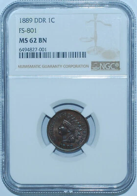 1889 NGC MS62BN Brown FS-801 DDR Double Doubled Die Reverse Indian Cent - Image 1 of 4