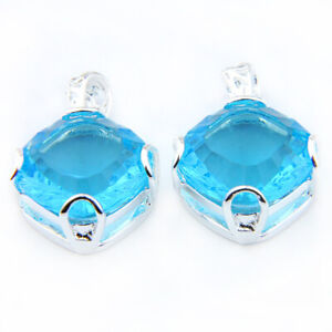 60% Off Best Price Double Rectangle Sky Blue Topaz Gems Silver Necklace Pendants