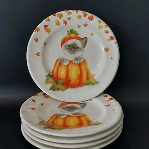 Pier 1 Gatto in Zucca Piatti Set di 5 8" Insalata Piatti Dessert Autunno Autunno Raro - Foto 1 di 7