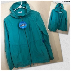 COLUMBIA Large Full Zip Hooded Jacket UPF 15 Sun Protection Teal Turquoise $75 - Picture 1 of 17