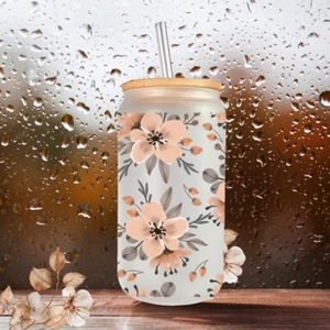 16 Oz Iced Coffee Floral Smoothie Glass Cup Reusable with bamboo lid and straw - Picture 1 of 2