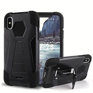 iPhone XS,X Heavy Duty Cover Hybrid Armor Silicone PC Case[Kickstand] BLACK - Picture 1 of 3