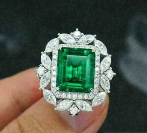 2.99Ct Emerald Cut Simulated Emerald Wedding Ring 14K White Gold Plated Silver