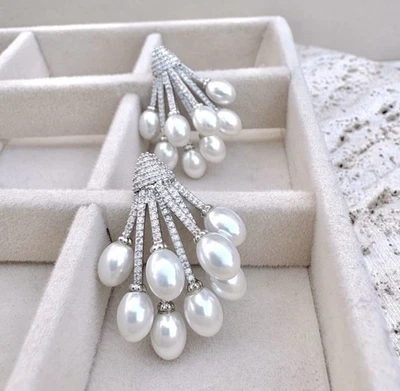 Pearl & White Gold Plated Earrings Made W Swarovski Crystal Bridal Jewelry - Image 1 of 4