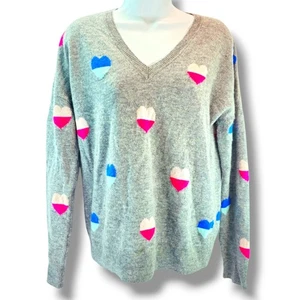Cynthia Rowley Cashmere V Neck Sweater Size XL Gray Puffy Hearts Blue Pink 2 Ply - Picture 1 of 12