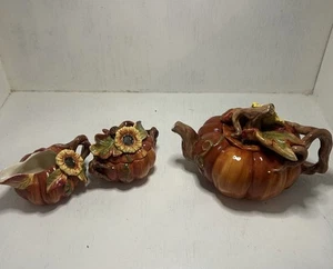 Cracker Barrel Bountiful Harvest Sunflower Pumpkin Teapot & Sugar & Creamer Set - Picture 1 of 11