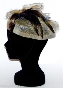 CHAPEAU taille S de cérémonie beige bleu plume femme cocktail mariage woman hat - Picture 1 of 4