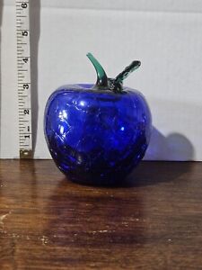 Blue Crackle Blenko Glass Apple With Green Stem