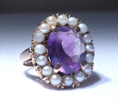 9ct Gold Ring Amethyst Seed Pearl 4ct 5.2g Hallmark Adler Maker Size J Boxed - Изображение 1 из 4