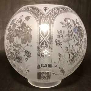 8" Five Scene Floral Etched Victorian Ball Gas Lamp Shade - 4" fitter #GS595 - Picture 1 of 6