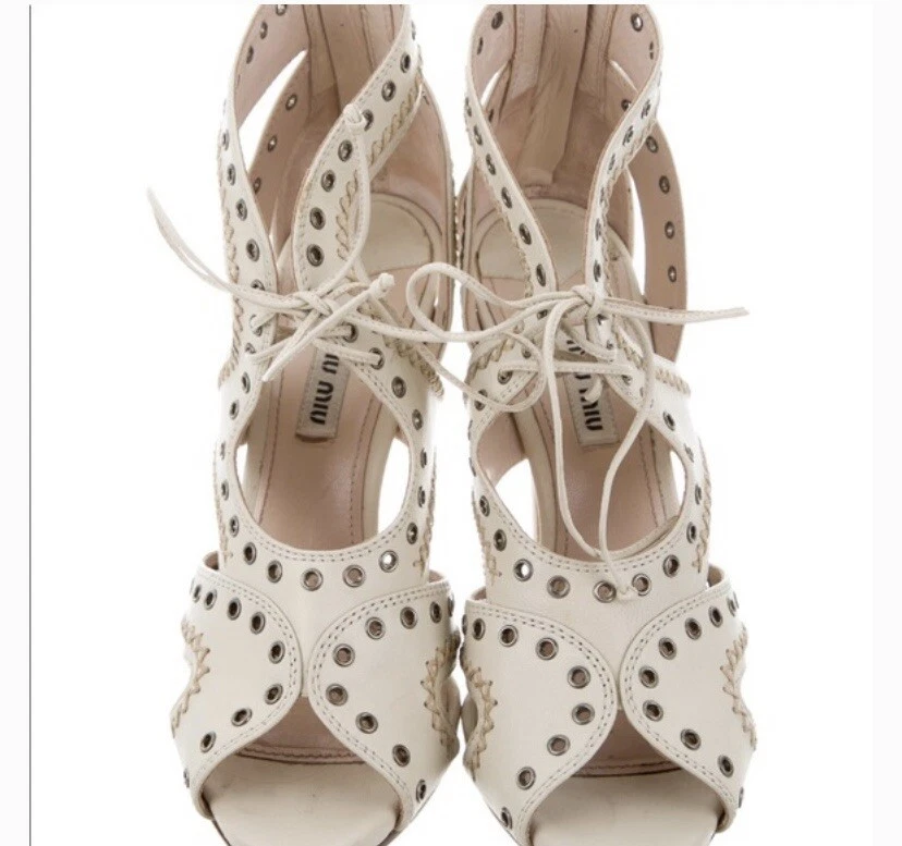 MIU MIU Grommet Lace-Up Heels in Beige Leather-Made in Italy-Size 37/ 6.5 - Image 1 of 4