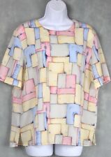 Kathy Che Women's Short Sleeve Blouse Top Shirt Multi Color Squares Size Medium