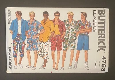 Camisa y pantalones cortos vintage para hombre Butterick Pattern 4763 en corte de 2 longitudes (talla L-XL) Foto 1 de 3