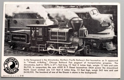 US VINTAGE Post card 1948 Chicago Railroad Fair Northern Pacific RR, Minnetonka - Image 1 of 2
