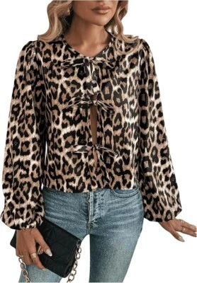 GORGLITTER Women's Leopard Print Tie Knot Front Cutout Blouses Crewneck - Image 1 of 2