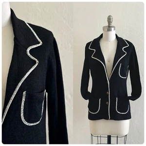 Vintage Jacket Cardigan Women Black & White Knit Classic Preppy 60's Blazer Sz S - Picture 1 of 13