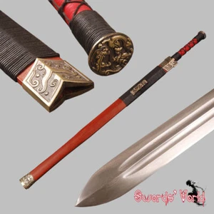 Handmade Red Wood Saya Chinese Sword Han Jian Folded Steel Blade Battle Ready - Picture 1 of 12