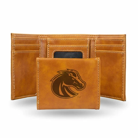 Boise State Broncos Laser Engraved Brown Trifold Wallet Cover