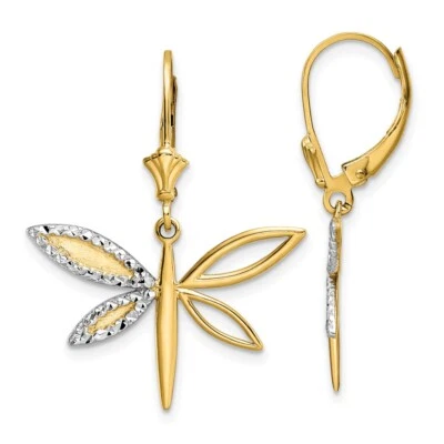 Real 14kt & White Rhodium Diamond Cut Dragonfly Leverback Earrings - Image 1 of 4