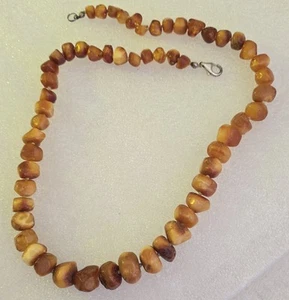 Vintage .925 Clasp Hand Tied Knotted Orange Chunk Amber Beads Beaded Necklace - Picture 1 of 6