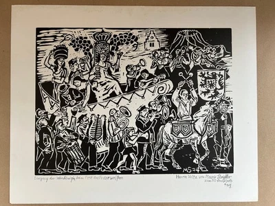 Marie Strieffler Landau Holzschnitt 1974 "Einzug der Weinkönigin" signiert - Bild 1 von 4