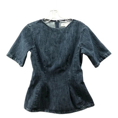 Zara Denim Top Womens XS Short Sleeve Dark Wash Blue Cotton Blouse Tailored - Image 1 of 4