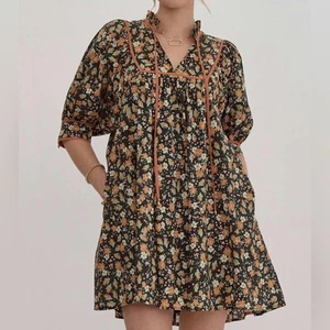 Entro New Floral Piping Mini Dress Puff Sleeve size Medium Green Cottagecore - Picture 1 of 8
