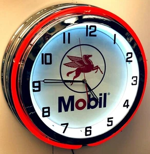 Reloj Mobil 19" Letrero Gas y Aceite Doble Neón Rojo Neón Acabado Cromo - Imagen 1 de 2