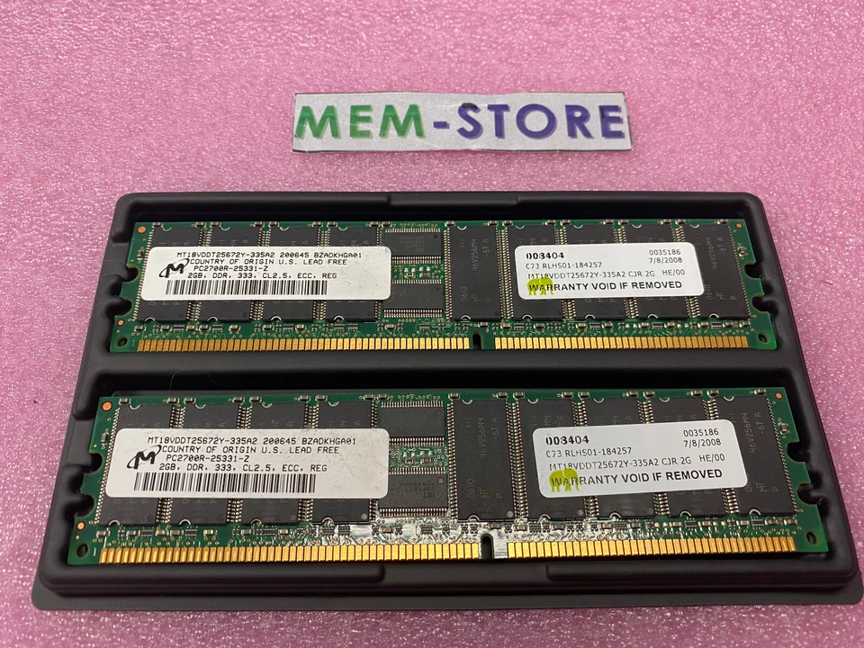 Micron 2GB PC2700R DDR-333 CL2.5 184PIN ECC RDIMM MT18VDDT25672Y-335A2 1Rx4 kit - Image 1 of 1