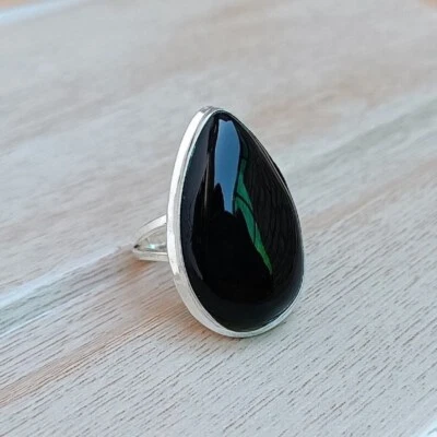 Gradevole Onice Nera Gemma 925 Argento Sterling Mano Anello Tutte le Misure H-3 - Immagine 1 di 4