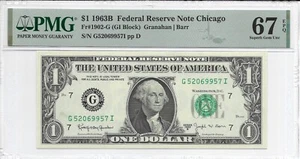 1963B $1 CHICAGO FRN. PMG Superb GEM Uncirculated 67 EPQ Banknote. "BARR" Signed - Picture 1 of 2