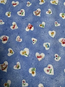 Tea Party quilt fabric by RJR Fabrics 7109-1 teacups and hearts on blue - Picture 1 of 5