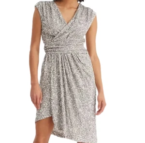 Express Sequin Dress Womens XL Silver Draped V-Neck Cap Sleeve Lined Mini NEW - Picture 1 of 19