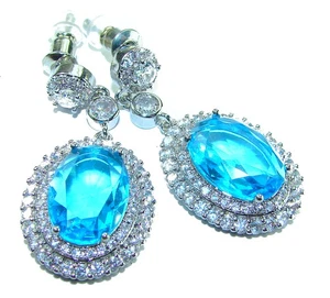 Swiss Blue Topaz 8.5ct Earrings 925 Sterling Silver Handmade Statement - Picture 1 of 4
