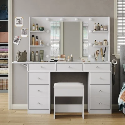 Vanity Desk with Power Outlet, 9 Drawers, LED Mirror, Makeup Table Set - Image 1 of 4