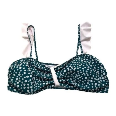 Women’s Plus Size 4XL Bikini Top Green White Daisy Floral Ruffle Straps Padded - Image 1 of 4
