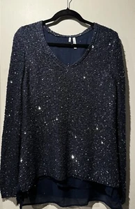 Studio Y Women's Sequined Navy Blue Holiday Blouse Top Sheer Lining Size Large - Picture 1 of 4