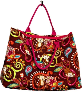 N.GIL Monkey Island Floral Print with Pink handles and trim Tote and makeup Bag - Picture 1 of 16