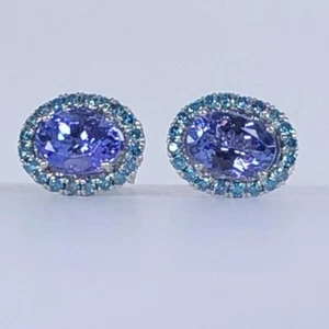 Boucles d'oreilles clous ovales 1 carat violet bleu tanzanite halo diamant or blanc 14 carats - Photo 1 sur 6