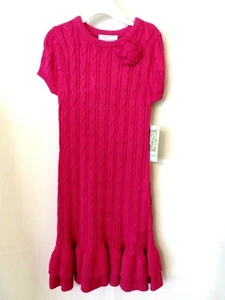 Bonnie Jean Sweater Dress Cable Knit Ruffle Hem Short Sleeve Pink 5 or 6  #10064 - Picture 1 of 5