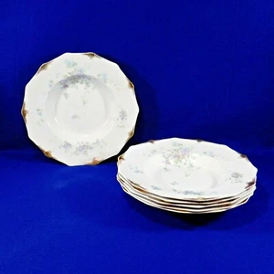 6 Antique Rimmed Soup Bowls W.H. Grindley England Blue Forget Me Knots 1897 - Picture 1 of 6